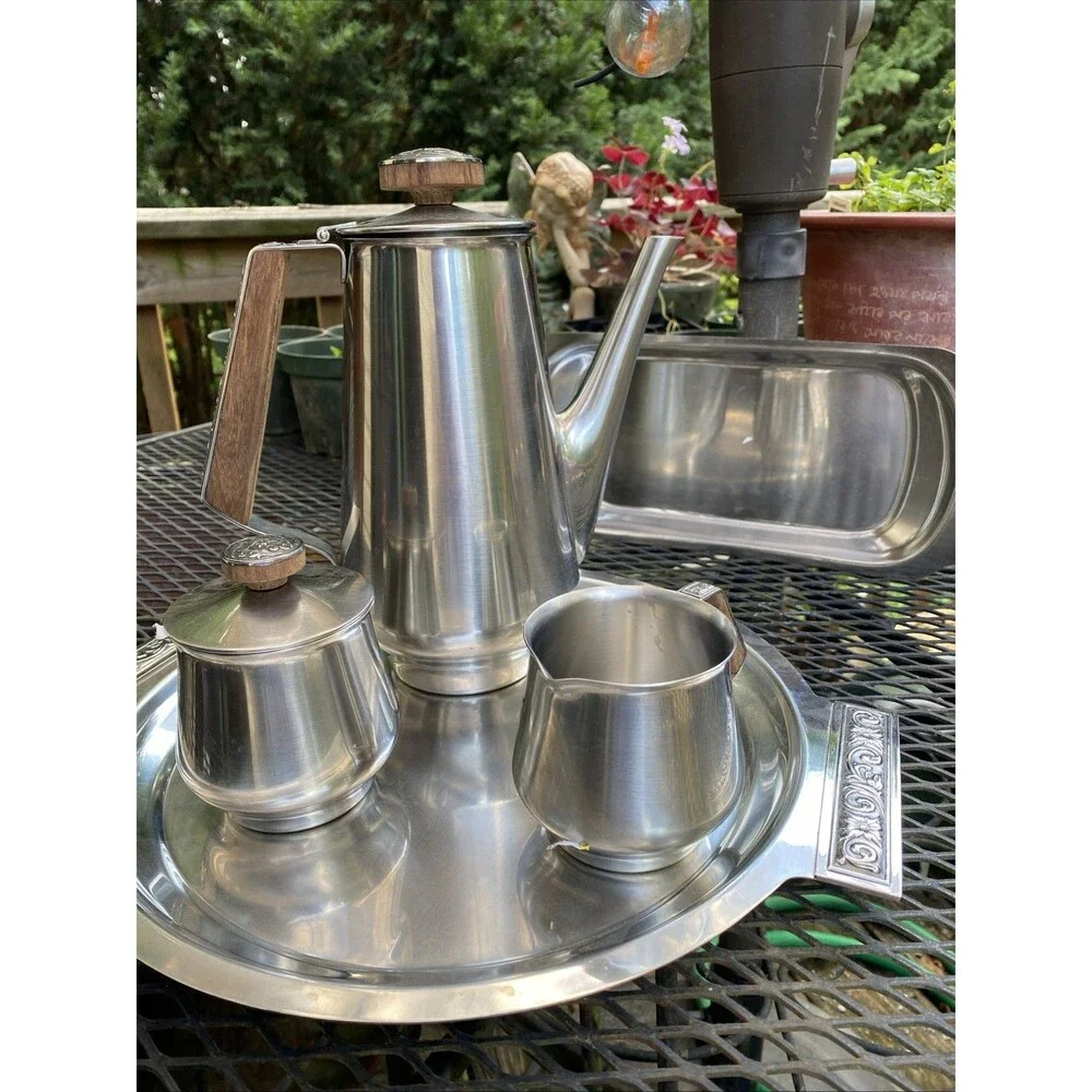 Vintage Stainless Coffee  Set 2 Tray, Creamer , Sugar Bowl, and Decanter - Japan